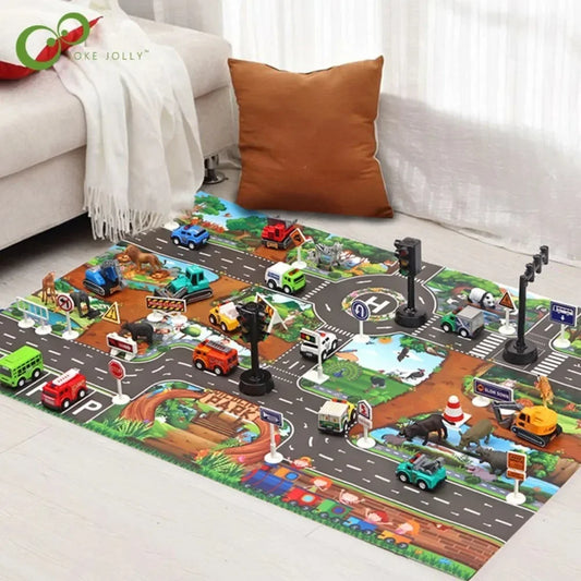 Tapis voiture enfant avec voiture et panneau de signalisation